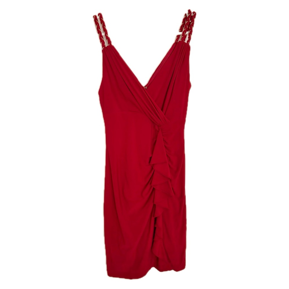 Cache Scarlet Double Strap Golden Beaded Details Mini Dress